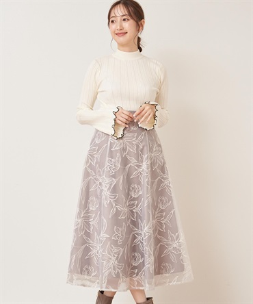 フラワー刺繍オーガンジースカート(01オフホワイト-Ｓ)